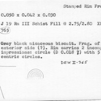 Index card with typed and handwritten information, sometimes including a sketch, of pottery from an excavation.