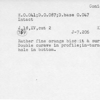 Index card with typed and handwritten information, sometimes including a sketch, of pottery from an excavation.