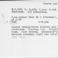 Index card with typed and handwritten information, sometimes including a sketch, of pottery from an excavation.