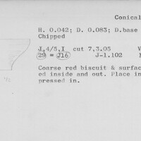 Index card with typed and handwritten information, sometimes including a sketch, of pottery from an excavation.