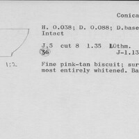 Index card with typed and handwritten information, sometimes including a sketch, of pottery from an excavation.