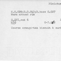 Index card with typed and handwritten information, sometimes including a sketch, of pottery from an excavation.