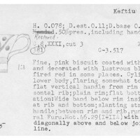 Index card with typed and handwritten information, sometimes including a sketch, of pottery from an excavation.
