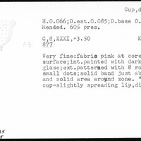 Index card with typed and handwritten information, sometimes including a sketch, of pottery from an excavation.