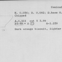 Index card with typed and handwritten information, sometimes including a sketch, of pottery from an excavation.