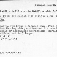 Index card with typed and handwritten information, sometimes including a sketch, of pottery from an excavation.