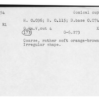 Index card with typed and handwritten information, sometimes including a sketch, of pottery from an excavation.