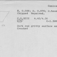 Index card with typed and handwritten information, sometimes including a sketch, of pottery from an excavation.