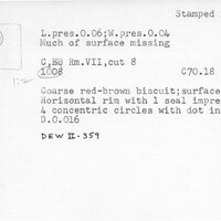 Index card with typed and handwritten information, sometimes including a sketch, of pottery from an excavation.