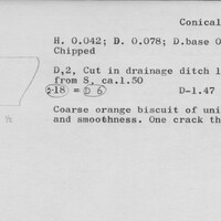 Index card with typed and handwritten information, sometimes including a sketch, of pottery from an excavation.