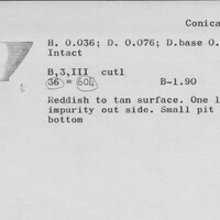 Index card with typed and handwritten information, sometimes including a sketch, of pottery from an excavation.