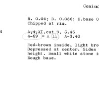 Index card with typed and handwritten information, sometimes including a sketch, of pottery from an excavation.