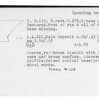 Index card with typed and handwritten information, sometimes including a sketch, of pottery from an excavation.