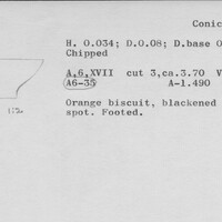 Index card with typed and handwritten information, sometimes including a sketch, of pottery from an excavation.