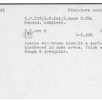 Index card with typed and handwritten information, sometimes including a sketch, of pottery from an excavation.