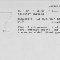 Index card with typed and handwritten information, sometimes including a sketch, of pottery from an excavation.