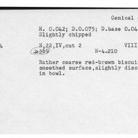 Index card with typed and handwritten information, sometimes including a sketch, of pottery from an excavation.