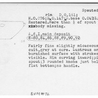 Index card with typed and handwritten information, sometimes including a sketch, of pottery from an excavation.