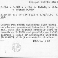 Index card with typed and handwritten information, sometimes including a sketch, of pottery from an excavation.