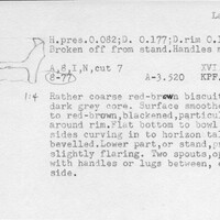 Index card with typed and handwritten information, sometimes including a sketch, of pottery from an excavation.