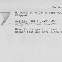 Index card with typed and handwritten information, sometimes including a sketch, of pottery from an excavation.