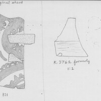 Index card with typed and handwritten information, sometimes including a sketch, of pottery from an excavation.