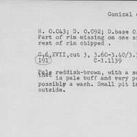 Index card with typed and handwritten information, sometimes including a sketch, of pottery from an excavation.