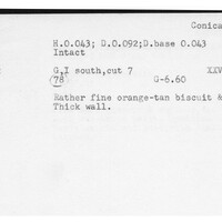 Index card with typed and handwritten information, sometimes including a sketch, of pottery from an excavation.