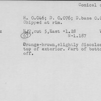 Index card with typed and handwritten information, sometimes including a sketch, of pottery from an excavation.