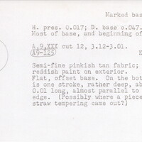 Index card with typed and handwritten information, sometimes including a sketch, of pottery from an excavation.