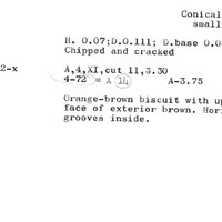 Index card with typed and handwritten information, sometimes including a sketch, of pottery from an excavation.