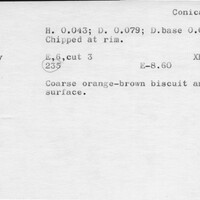 Index card with typed and handwritten information, sometimes including a sketch, of pottery from an excavation.