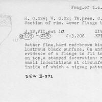 Index card with typed and handwritten information, sometimes including a sketch, of pottery from an excavation.