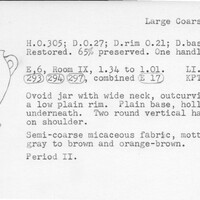 Index card with typed and handwritten information, sometimes including a sketch, of pottery from an excavation.