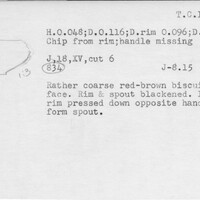Index card with typed and handwritten information, sometimes including a sketch, of pottery from an excavation.