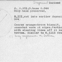 Index card with typed and handwritten information, sometimes including a sketch, of pottery from an excavation.