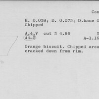 Index card with typed and handwritten information, sometimes including a sketch, of pottery from an excavation.