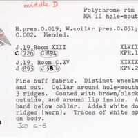 Index card with typed and handwritten information, sometimes including a sketch, of pottery from an excavation.