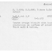 Index card with typed and handwritten information, sometimes including a sketch, of pottery from an excavation.
