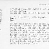 Index card with typed and handwritten information, sometimes including a sketch, of pottery from an excavation.