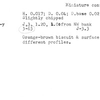Index card with typed and handwritten information, sometimes including a sketch, of pottery from an excavation.