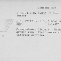 Index card with typed and handwritten information, sometimes including a sketch, of pottery from an excavation.