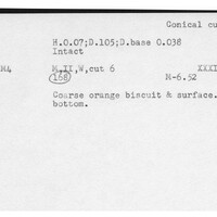 Index card with typed and handwritten information, sometimes including a sketch, of pottery from an excavation.