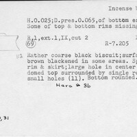 Index card with typed and handwritten information, sometimes including a sketch, of pottery from an excavation.