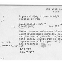 Index card with typed and handwritten information, sometimes including a sketch, of pottery from an excavation.