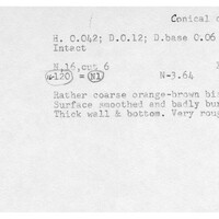 Index card with typed and handwritten information, sometimes including a sketch, of pottery from an excavation.