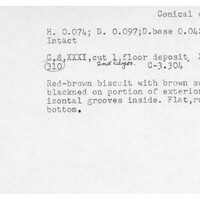 Index card with typed and handwritten information, sometimes including a sketch, of pottery from an excavation.