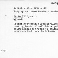 Index card with typed and handwritten information, sometimes including a sketch, of pottery from an excavation.