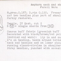 Index card with typed and handwritten information, sometimes including a sketch, of pottery from an excavation.