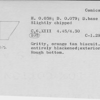 Index card with typed and handwritten information, sometimes including a sketch, of pottery from an excavation.